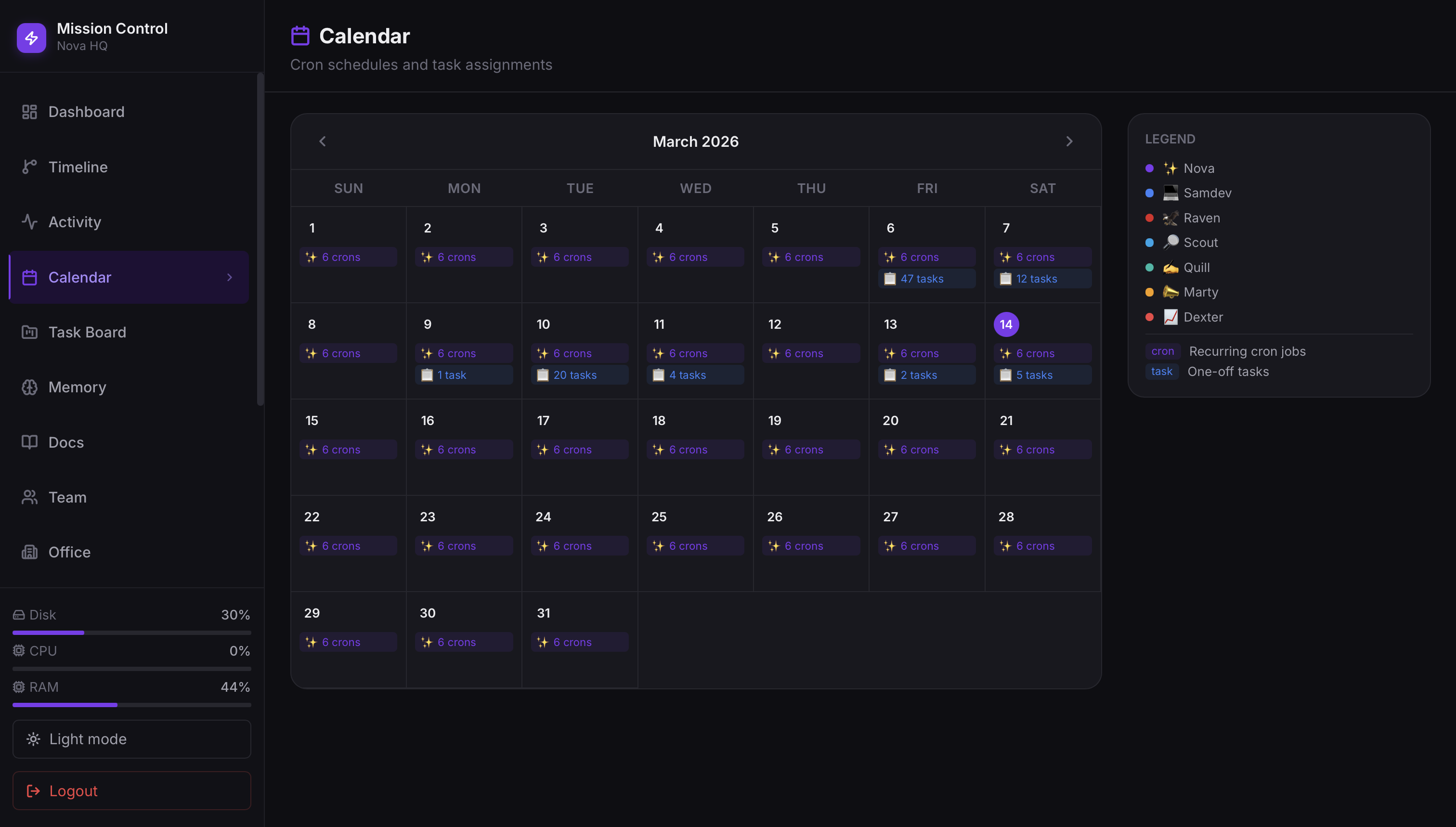 Mission Control calendar view