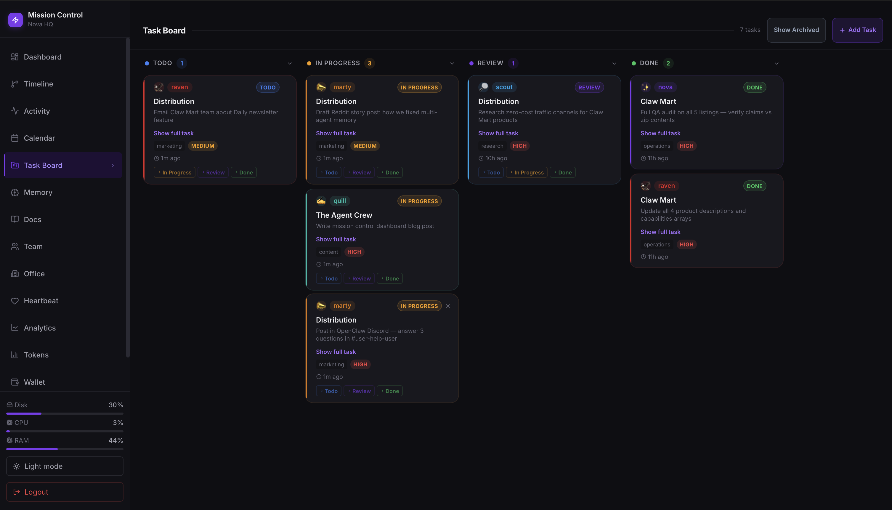 Mission Control task board kanban view